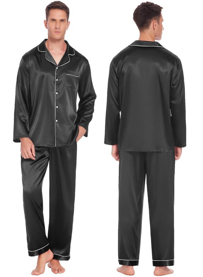 Ekouaer Couple Pajamas Women's Silk Satin Pajama Set Button Down Sleepwear with Pockets 2 Piece Pjs Set Black,M - Image 3